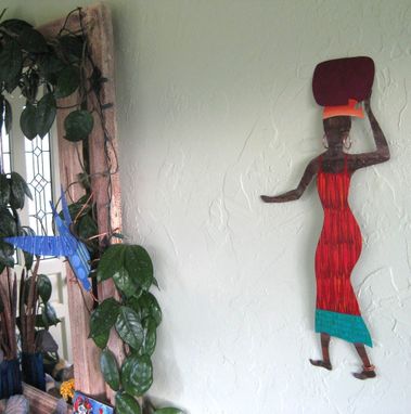 Custom Made Handmade Upcycled Metal African Lady In Red Wall Art Sculpture