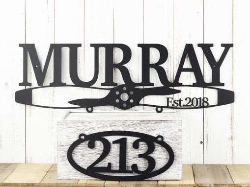 Custom Made Family Name Established Year And House Number Metal Signs, Propeller, Pilot - Matte Black Shown