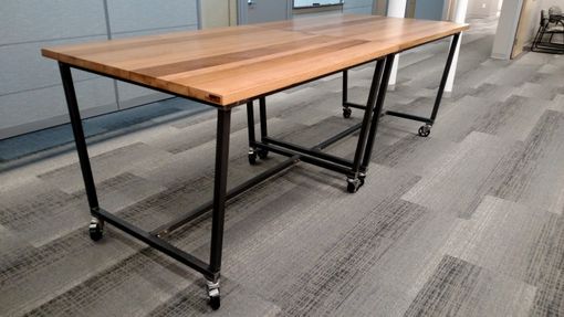 Custom Made Reclaimed Oak High-Top Work Table W/ Casters