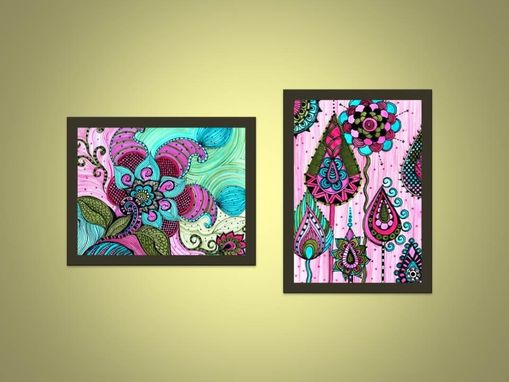 Custom Made Flower Paisley Fine Art Print-Pink Blue Green Flowers Ink And Acrylic