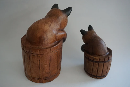 Custom Made Cat In The Basket  Wooden Figurine  Cat Sculpture  Home Decor