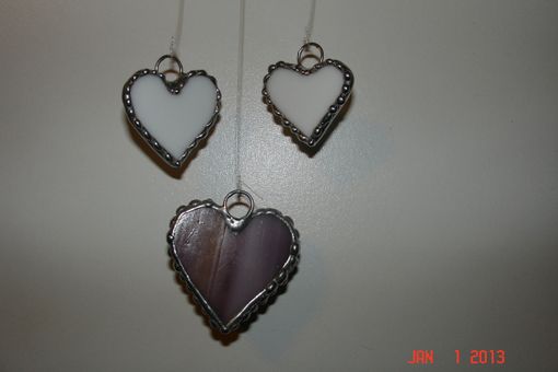 Custom Made Stained Glass Heart Suncatcher In Purple Yellow And Pink With Purple And Two Whitea Dangling Hearts