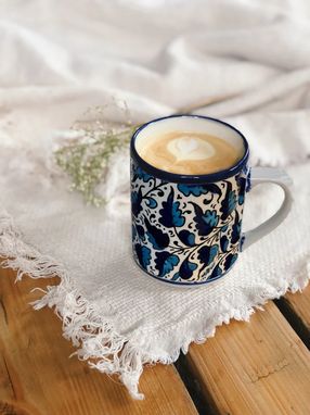 Custom Made Handmade Blue White Ceramic Mug Palestinian Folklore Art Floral Tea Coffee Mug Ethnic Traditional