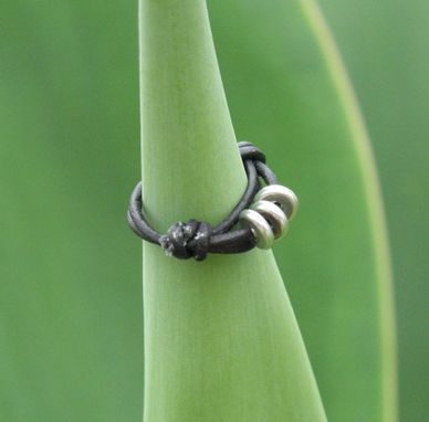 Custom Made Ring / Adjustable Ring: Black Leather With Three Silver Beads