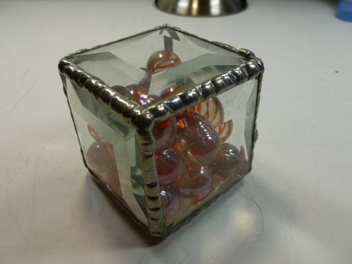 Custom Made Cubic Glass Paperweight With Orange-Colored Glass Marbles