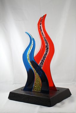 Custom Made Orange And Blue Fused Glass Sculpture With Wooden Base