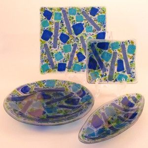 Custom Made Blue Geometry Fused Glass Dishes