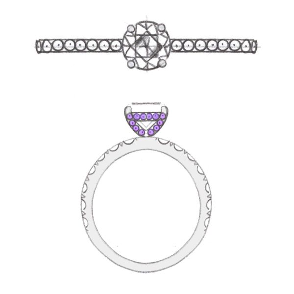 This diamond solitaire on yellow gold has hidden amethyst accents sitting beneath the center stone.