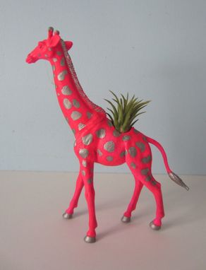 Custom Made Upcycled Toy Planter - Neon Pink Giraffe With Silver Spots And Air Plant