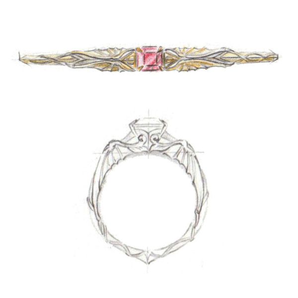 Centered by a princess cut ruby, this yellow gold engagement ring features nods to Game of Thrones and Harry Potter.