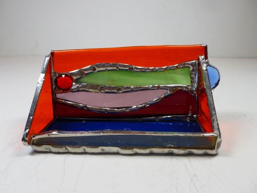 Custom Made Multi-Colored Stained Glass Business Card Holder With Glass Gem "Funky Fun''