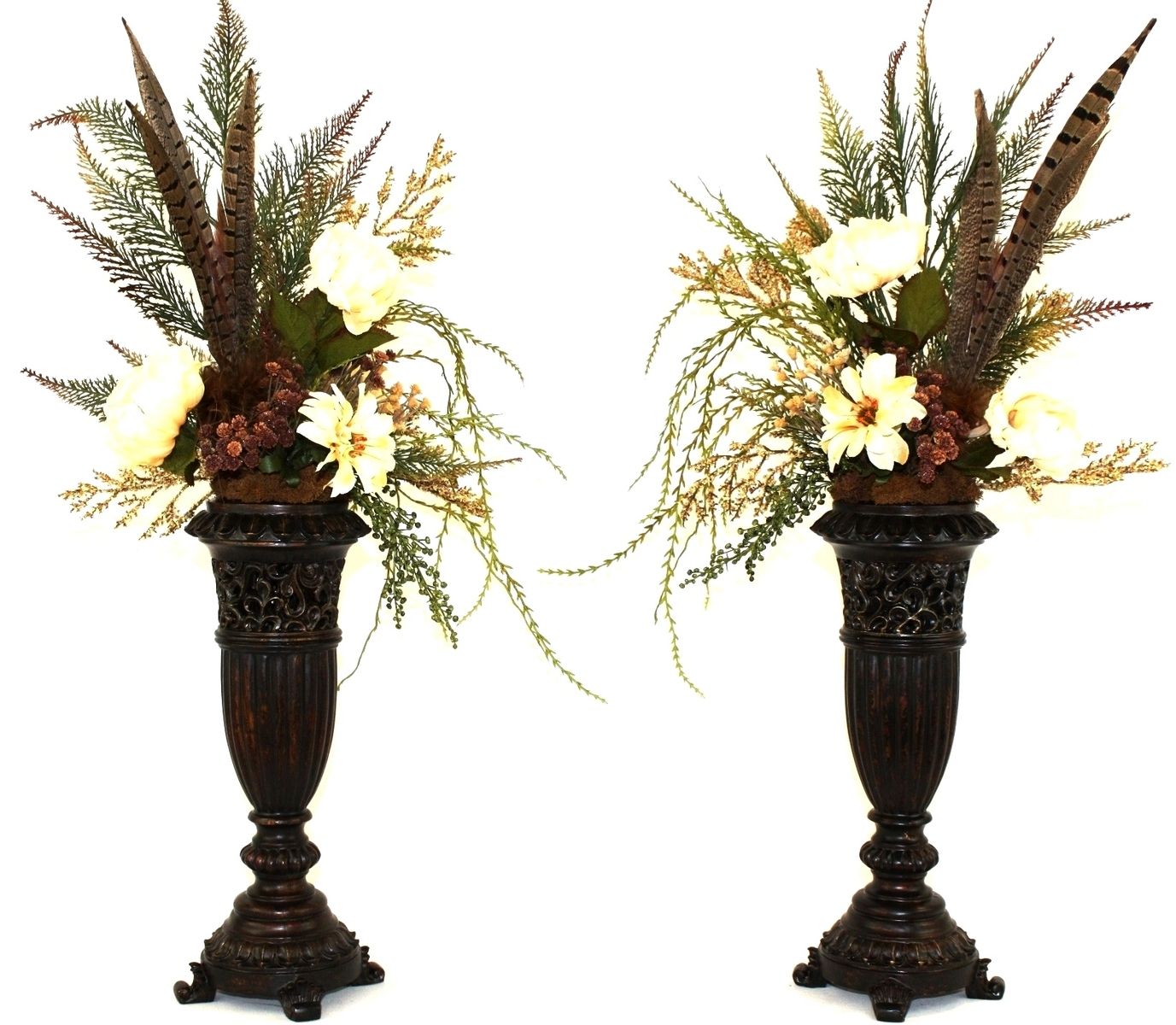 Vintage Mid Century Home Decor Faux Flowers with Peacock Feathers Basket  Arrangement