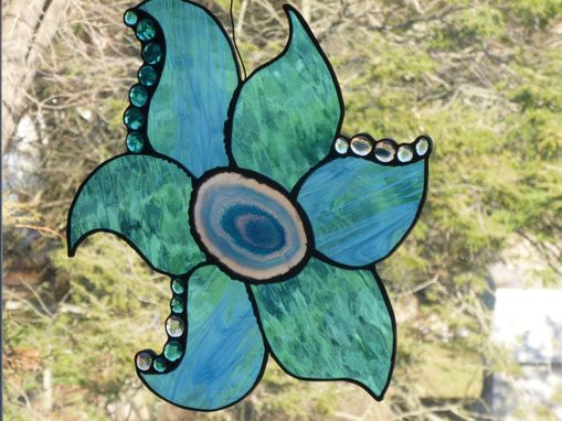 Custom Made Brazilian Agate Turquoise Flower Stained Glass Art