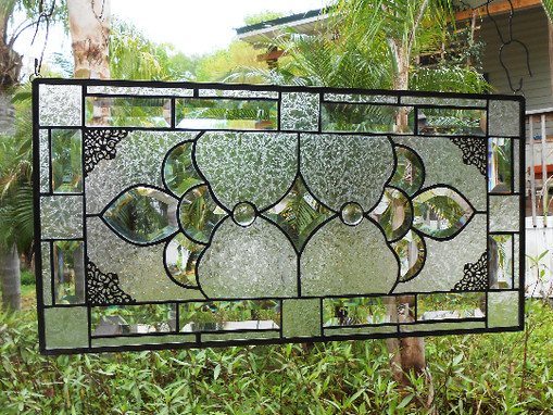 Custom Made Traditional Stained Glass Window Panel W/ Beveled Stained Glass, Unique Valance / Transom