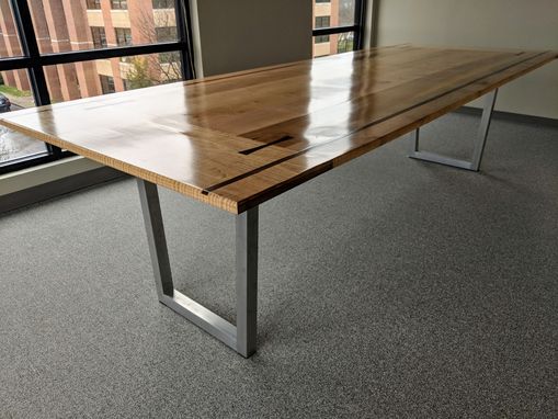 Custom Made Maple Conference Table Walnut Inlay Walnut Dovetail Keys On Super Tapered Trapezoidal Aluminum Legs