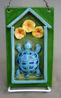 Custom Made Desert Tortoise And Flowers Ceramic House Plaque
