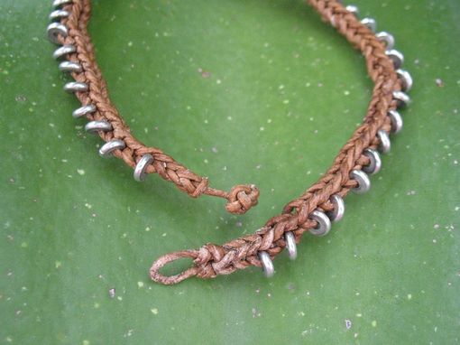 Custom Made Bracelet / Anklet / Men's Bracelet:  Braided Brown Leather Cord With Silver  Beads