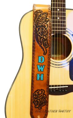 Custom Made Flower Of The Desert Hand Tooled Personalized Leather Guitar Strap With Name