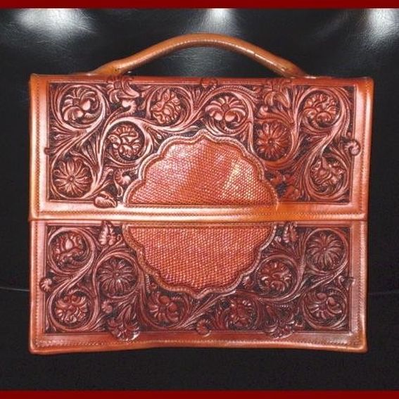 Hand Made Carved Leather And Exotic Lizard Briefcase by Clair Kehrberg ...