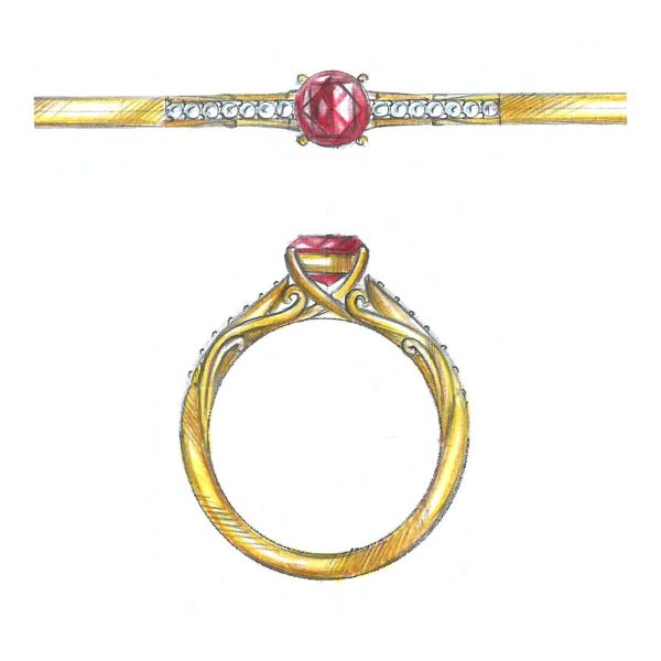 A ravishing ruby sits at the heart of this solitaire engagement ring with diamond accents and filigree decorating the yellow gold band.