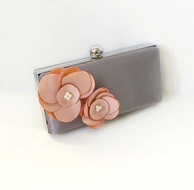 Custom Made Gray Clutch Purse With Handmade Flower Accents