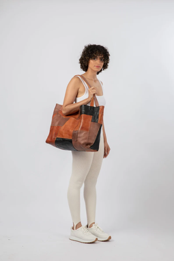 Custom Made Up-Cycled Patchwork Soft Leather Tote Bag, Oversized Tote, Vegetable Tanned, Full Grain Leather