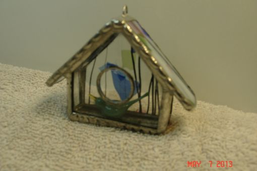 Custom Made Empty Nest Bird House Ornament In Blue / Green & White With A Green Bird