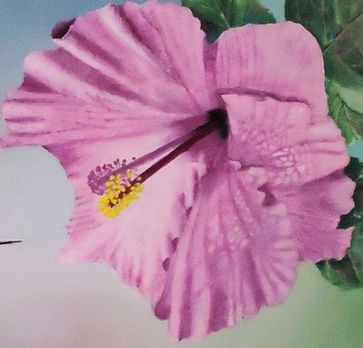 Custom Made Bird Painting: Blue Hummingbird Flying Near Pink Hibiscus