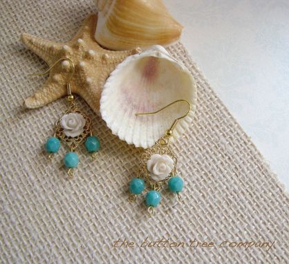 Custom Made Gold Filigree Chandelier Earrings With Rose Cabochons And Turquoise Beads
