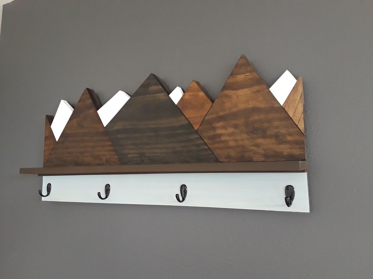 Hand Crafted Rustic Coat Rack With Snow Capped Mountains, Shelf With