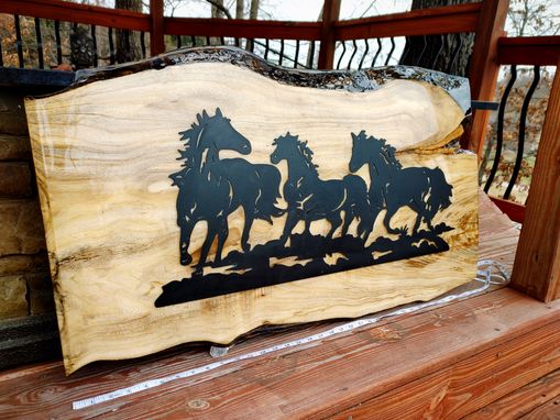 Custom Made Live Edge & Metal Wall Art. Running Horses. Rustic / Lodge / Cabin Decor. Real Wood And Resin.