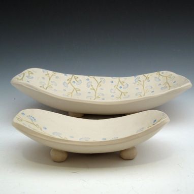 Custom Made Set Of Two Pottery Serving Bowls In Cream With Blue Flowers
