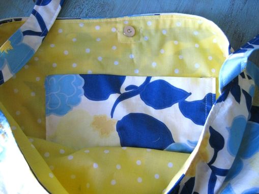 Custom Made Upcycled Purse With Magnetic Snap Made From An Ann Taylor Blue And Yellow Floral Skirt