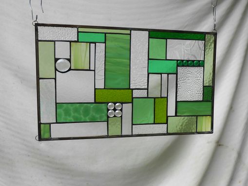 Custom Made Stained Glass Patchwork Quilt Window Panel, Geometric Stained Glass Transom Window, Shades Of Green
