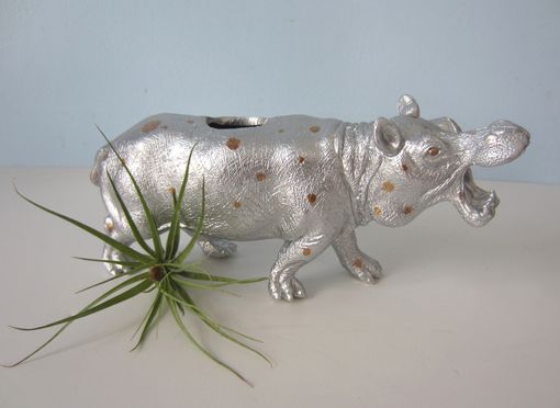 Custom Made Upcycled Toy Planter - Extra Large Silver And Gold Polka Dot Hippo With Air Plant