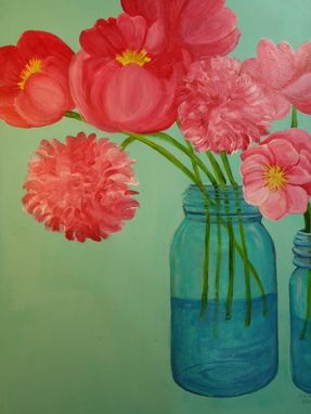 Custom Made Pink Peonies In Aqua Canning Jar Floral Painting Original Flowers Artwork On Canvas, 18 X 24