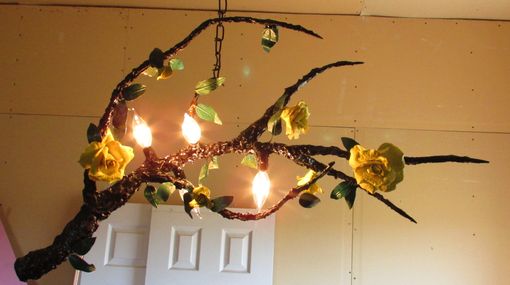 Custom Made Hanging Lamp Chandelier Branch ! 4 Sockets, Big Porcelain Roses, Leaves
