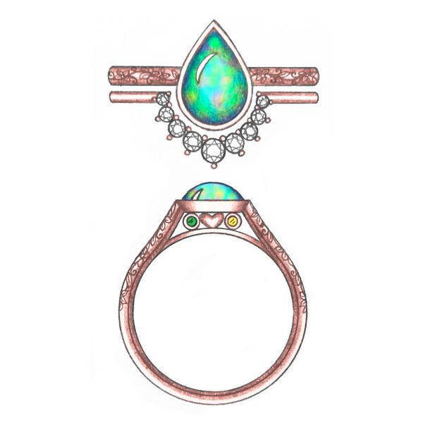 The rising arches of this cathedral set opal engagement ring are engraved with vines.