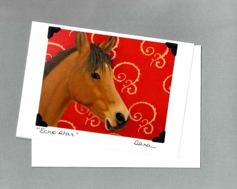 Custom Made Horse Art Card - Bay Arab On Bright Red With Copper Scroll Background - Horse Art Print Postcard