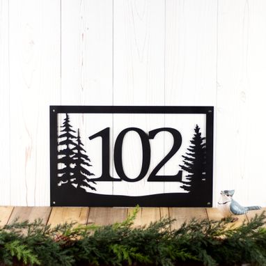 Custom Made Outdoor House Number Metal Sign With Pine Trees Scene