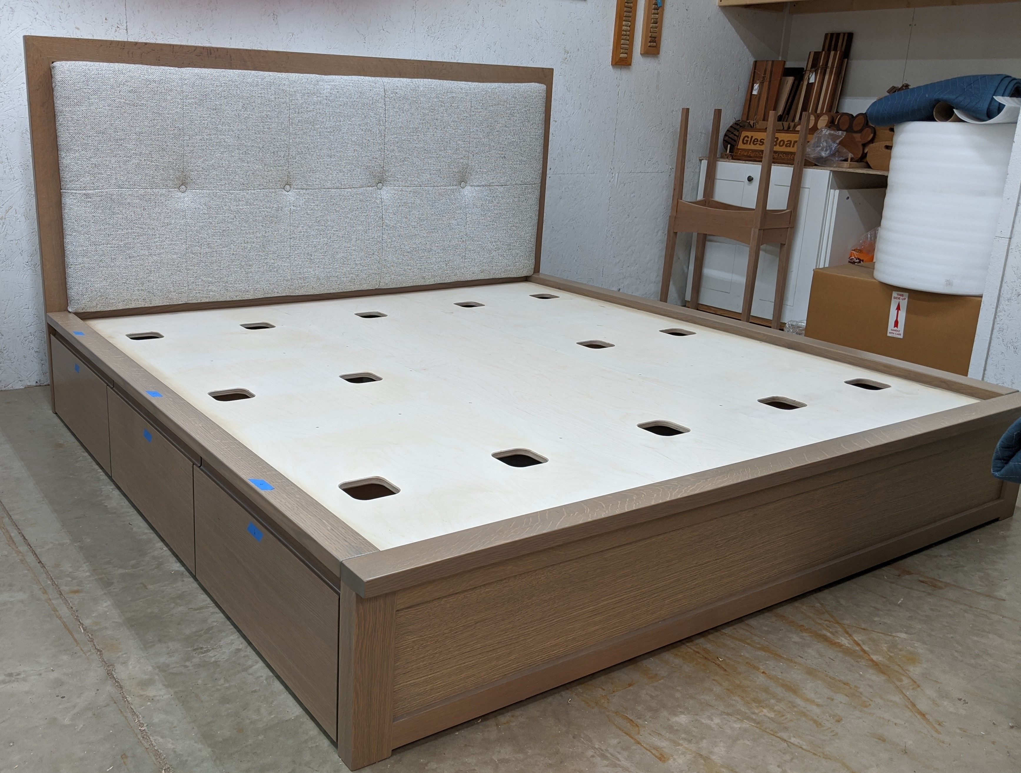 Hand Crafted White Oak Storage Platform Bed With Padded Headboard by