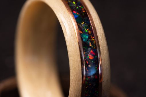 Custom Made Black Fire Opal & Space Titanium Opal Mix With Two Copper Inalys In Steam Bentwood Maple Ring