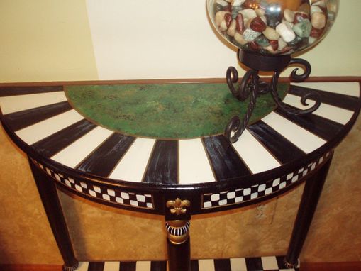 Custom Made Hand Painted Black And White Checked Half Round Table - Green Gold - Buttercream Gold