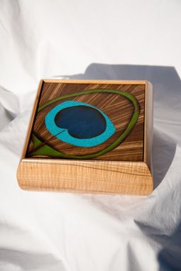 Custom Made Keepsake Box With Peacock Feather Marquetry Turquoise Inlay