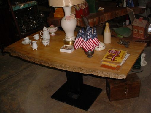 Custom Made Sinker Cypress Table With Adjustable Heigth Pedestal Live Edges
