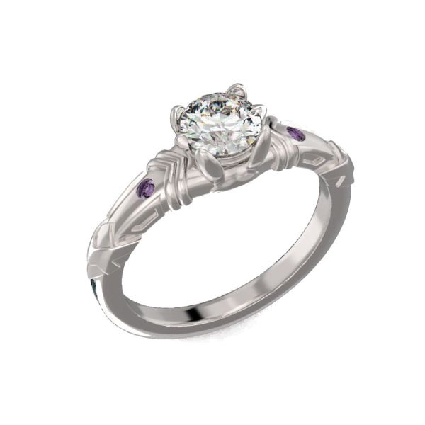 A brilliant round diamond sits in a bunny ear prong setting in this Overwatch inspired engagement ring.