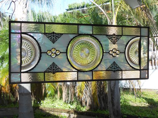 Custom Made Pink Depression Glass Coronation Plates, Antique Stained Glass Transom Window