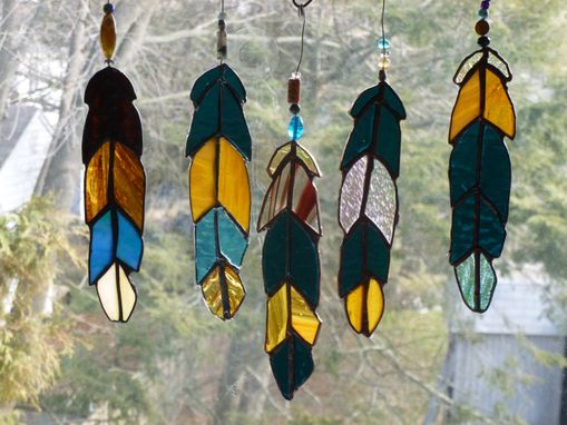Custom Made Beaded Stained Glass Eagle Feather In Brown And Turquoise