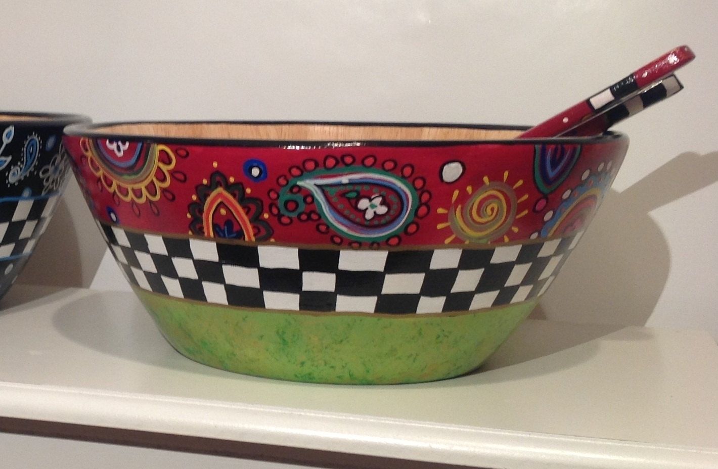 Custom Made Hand Painted Wooden Salad Bowl With Matching Utensils