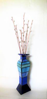 Custom Made Pussy Willows In Modern Blue Vase - Stained Glass, And Flame Worked 3d Glass Sculpture